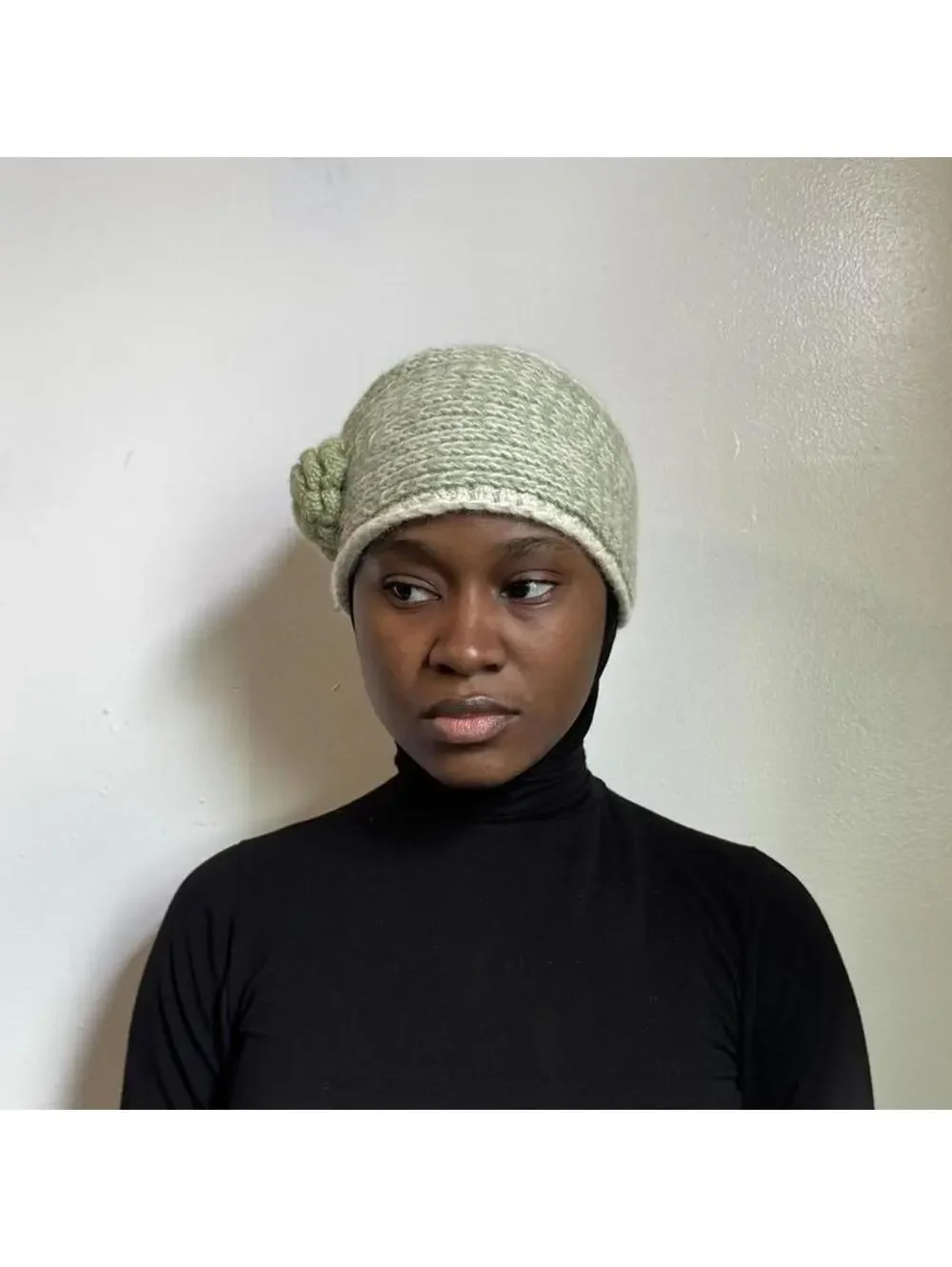 Vintage 100% Wool Hand-Knit Ear Warmer Headband Sage Green crochet flower detail